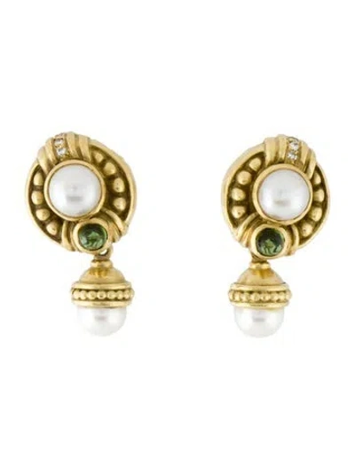 Pre-owned Judith Ripka Vintage 18k Pearl, Tourmaline & Diamond Earrings In Multi