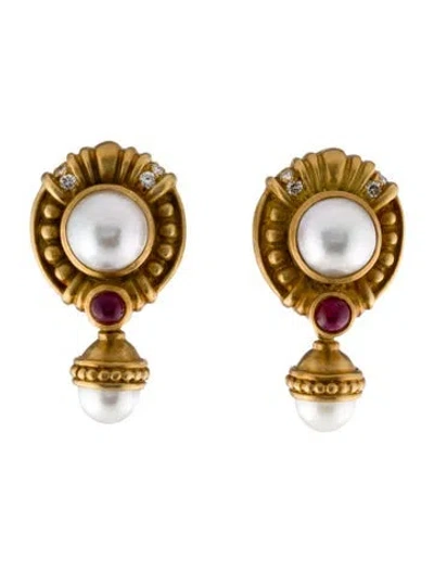 Pre-owned Judith Ripka Vintage Pearl, Ruby & Diamond Earclips W/ Earring Enhacers In Multi