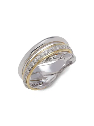 Judith Ripka Women's Two Tone 14k Yellow Gold, Sterling Silver & 0.42 Tcw Diamond Crossover Ring