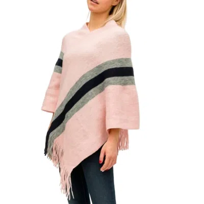 Judson & Co. Stripes Fringed Knit Poncho In Pink With Black & White In Multi
