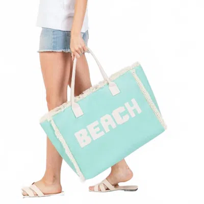 Judson & Co. Women's Canvas Tote Bag With "beach" Embroidered In Mint In Green