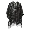 Judson & Co. Women's Floral Lace Fringe Boho Kimono Wrap Shawl Cover Up In Black In Black