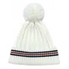 Judson & Company Women's Stripe Details Knit Beanie With Faux Fur Pom Pom In Preppy Ivory In White