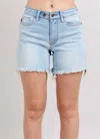 Judy Blue Double Button Fray Hem Mid Rise Denim Shorts In Light Wash In Blue