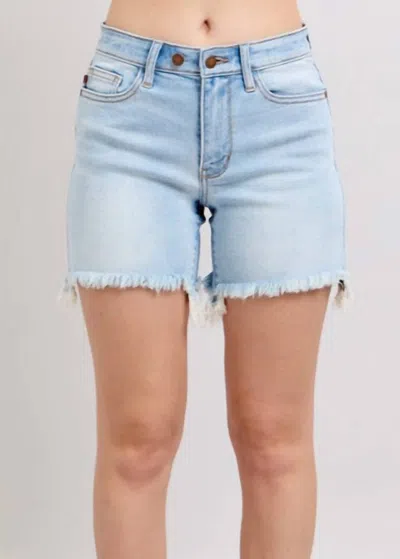 Judy Blue Double Button Fray Hem Mid Rise Denim Shorts In Light Wash In Blue