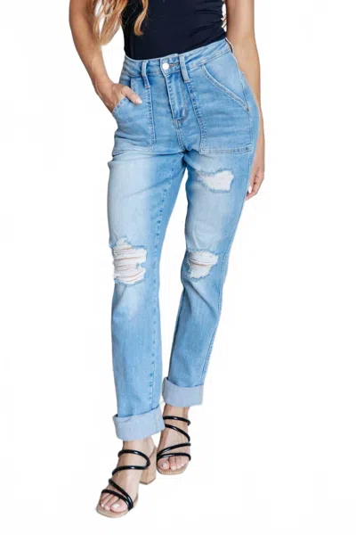 Judy Blue Aiden High Rise Patch Pocket Distressed Boyfriend Jeans In Blue