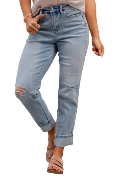 Judy Blue American Stars Mid-rise Cuffed Boyfriend Jeans In Medium Blue Wash In Multi