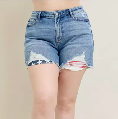 Judy Blue Americana Flag Print Fray Hem Shorts In Blue Denim