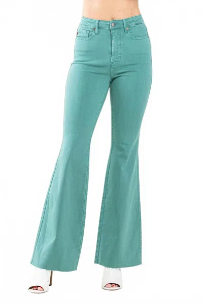 Judy Blue Aspen Tummy Control High Waist Flare Raw Hem Jeans In Topaz In Blue