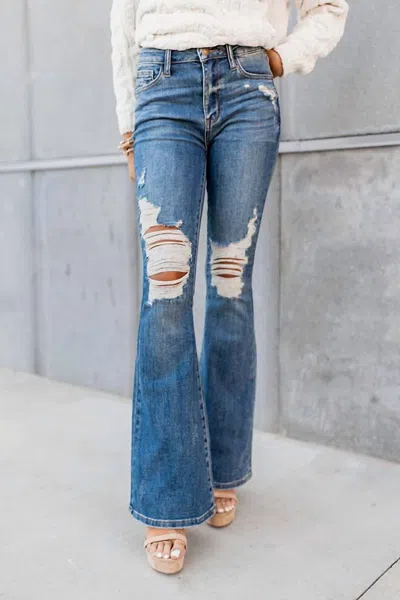 Judy Blue Athena High Waist Distressed Flare Jeans In Denim Medium Wash In Blue