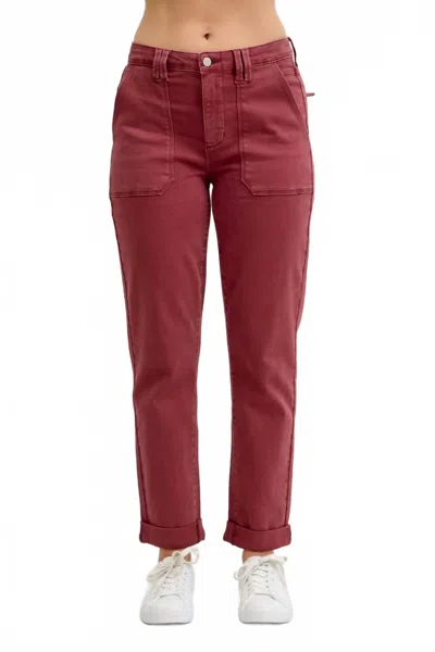 Judy Blue Aurora Weekender Garment Dyed Cuffed Jeans In Burgundy In Brown