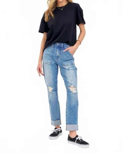 Judy Blue High Waisted Distressed Boyfriend Jeans With Patch Pocket In Light Wash In Blue