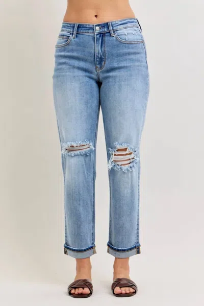 Judy Blue Boyfriend Jeans With Destroyed Knee & Folded Cuff In Medium Wash In Blue