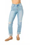 Judy Blue Mid Rise Americana Star Pocket Cuffed Boyfriend Jeans In Blue In Blue