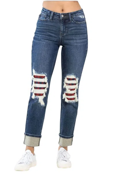 Judy Blue Buffalo Plaid Destroyed Knee Boyfriend Jeans In Medium Blue