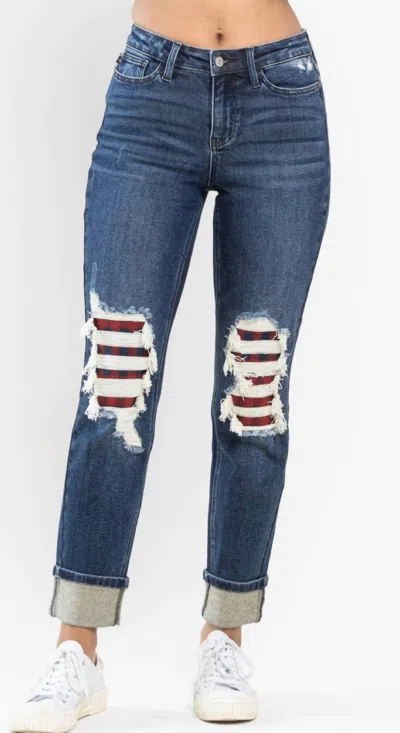 Judy Blue Buffalo Plaid Knee Jeans In Blue