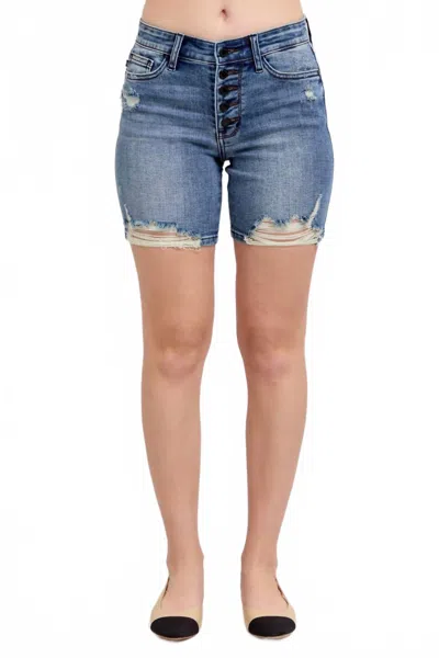 Judy Blue Button Fly Mid Length Destroyed Shorts In Med Wash In Blue