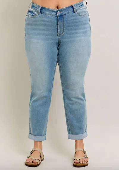 Judy Blue Cool Denim Cuff Boyfriend Jeans In Light Wash In Blue