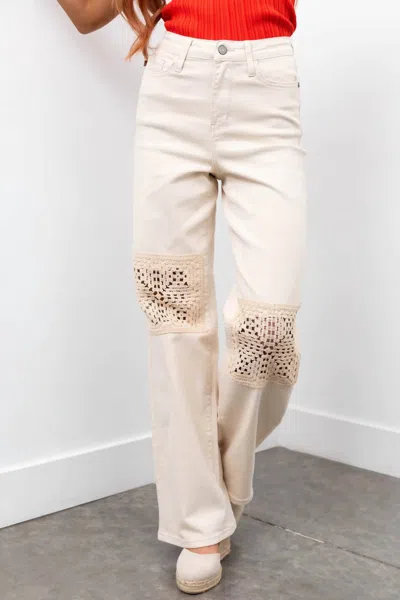 Judy Blue Crochet Knee Straight Leg Jeans In Cream