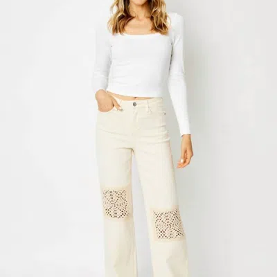 Judy Blue Crochet Patch High Rise Wide Leg Jeans In Natural In White