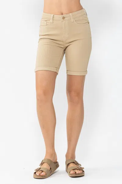 Judy Blue Cuffed Bermuda Shorts In Khaki In Green