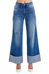 Judy Blue Retro Wide Leg With Cuff Jeans In Medium Denim In Multi