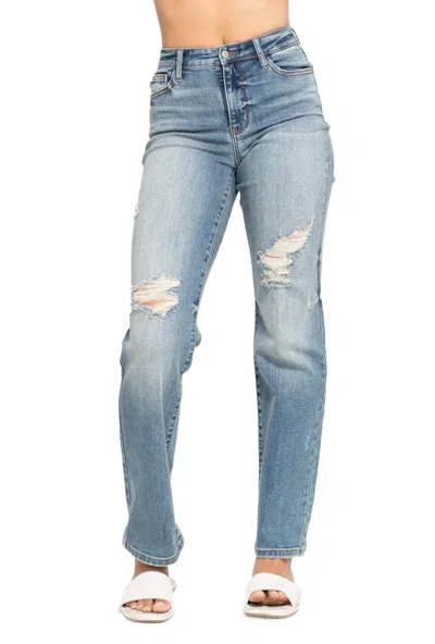 Judy Blue Dad Straight Jeans In Harsh Tint & Destroy In Multi