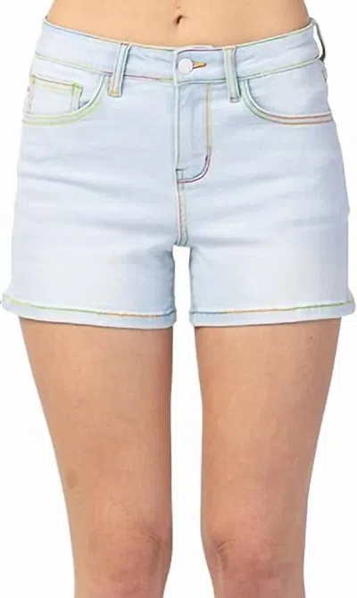 Judy Blue Denim Shorts With Colorful Stitching In Light Wash In White