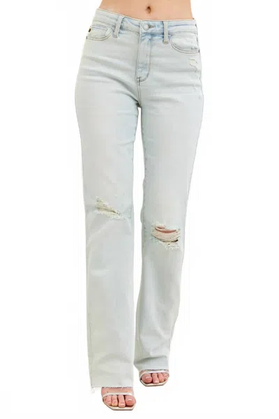 Judy Blue Destroy And Fray Hem Bootcut Jeans In Light Wash In Blue