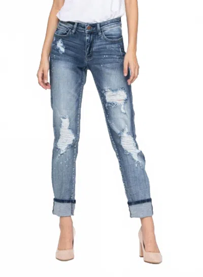 Judy Blue Destroy Bleach Splatter Boyfriend Jeans In Medium Wash In Blue