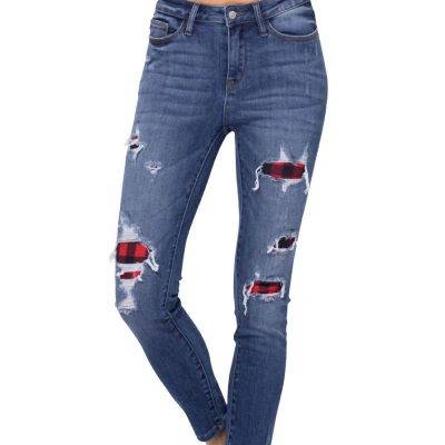 Judy Blue Destroyed Buffalo Plaid Patch Skinny Jean In Blue