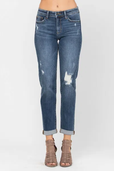 Judy Blue Destroyed Cuffed Mid Rise Slim Fit Denim Jeans In Blue