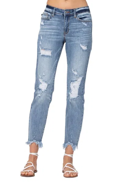 Judy Blue Destroyed Hem Bleach Splash Boyfriend Jeans In Light Wash In Blue