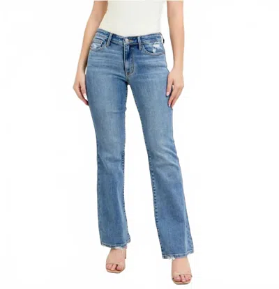 Judy Blue Destroyed Hem Rise Bootcut Jeans In Mid Vintage Wash In Blue