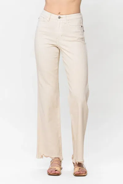 Judy Blue Destroyed Hem Straight Leg Jeans In Light Khaki In Neutral