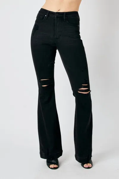 JUDY BLUE DESTROYED HIGH RISE FLARE JEAN IN BLACK