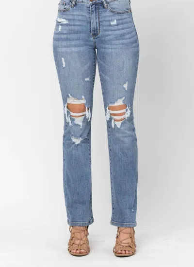 Judy Blue Destroyed High Waist Bootcut Jeans In Stone Wash In Blue