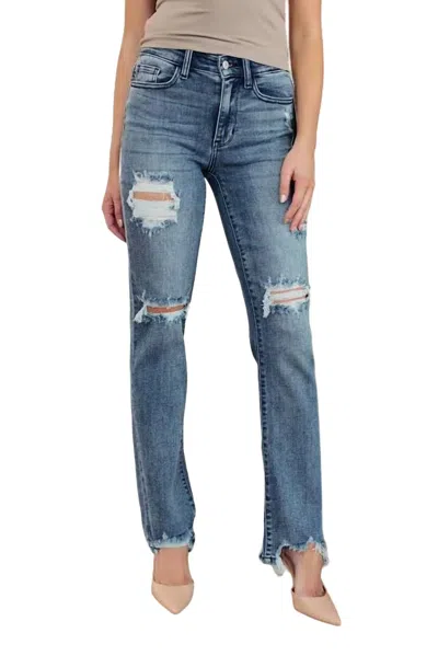 Judy Blue Destroyed Straight Leg Jean In Medium Wash In Blue