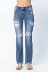 Judy Blue Marian Destroyed Straight-mid Rise Jeans In Medium Blue In Blue