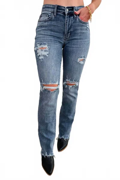 Judy Blue Destroyed Straight Mid Rise Jeans In Medium Wash In Blue