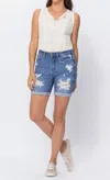 Judy Blue Distressed Bermuda Denim Shorts In Medium Wash In Multi