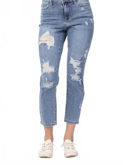 Judy Blue Distressed Boyfriend Fit Jeans In Medium Blue