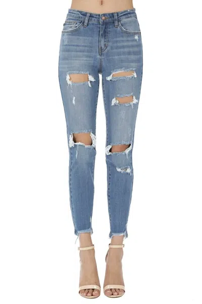 Judy Blue Distressed Girlfriend Jeans In Denim In Blue