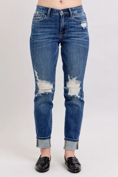 Judy Blue Distressed Knit Boyfriend Cuffed Jean In Dark Wash In Blue