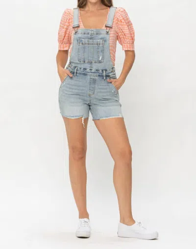 Judy Blue Distressed Shorts Overalls In Light Wash In Blue