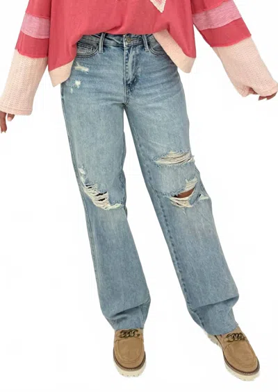 Judy Blue Distressed Straight Leg Jeans In Medium Wash In Multi