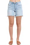 Judy Blue Double Button Fray Hem Mid Rise Denim Shorts In Light Wash In Blue