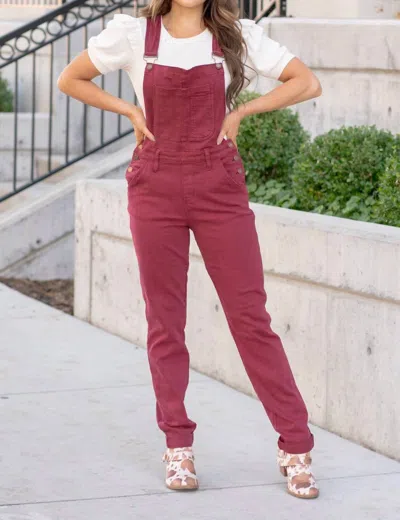 Judy Blue High Waist Garment Dyed Boyfriend Double Cuff Overalls In Maroon In Pink