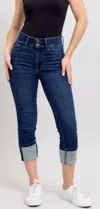 Judy Blue High Rise Double Waist Band Capri Jeans In Dark Wash In Blue