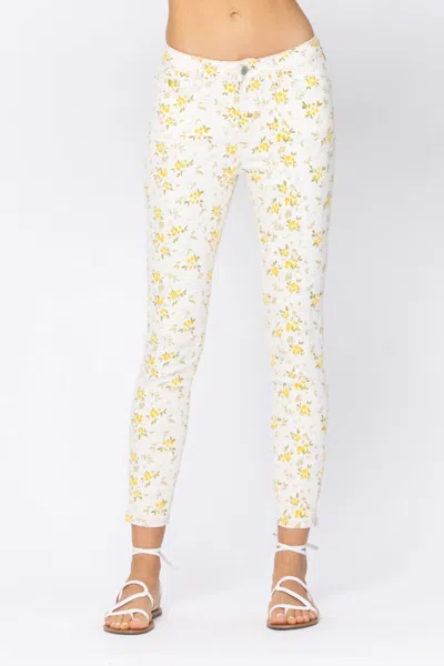 Judy Blue Floral Print Skinny Jeans In Off White/yellow/olive In Multi